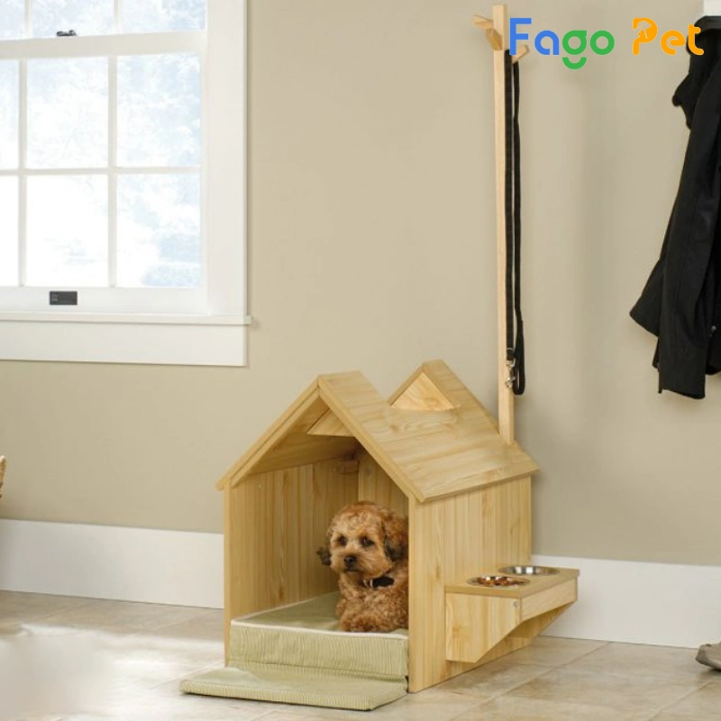 Nhà cho chó bằng gỗ tích hợp khay kệ