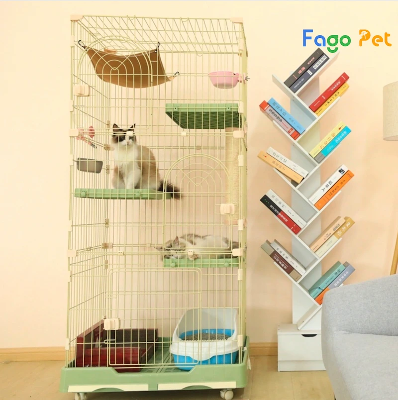 mẫu chuồng nhỏ gọn 4 tầng cho mèo có khay vệ sinh tiện lợi