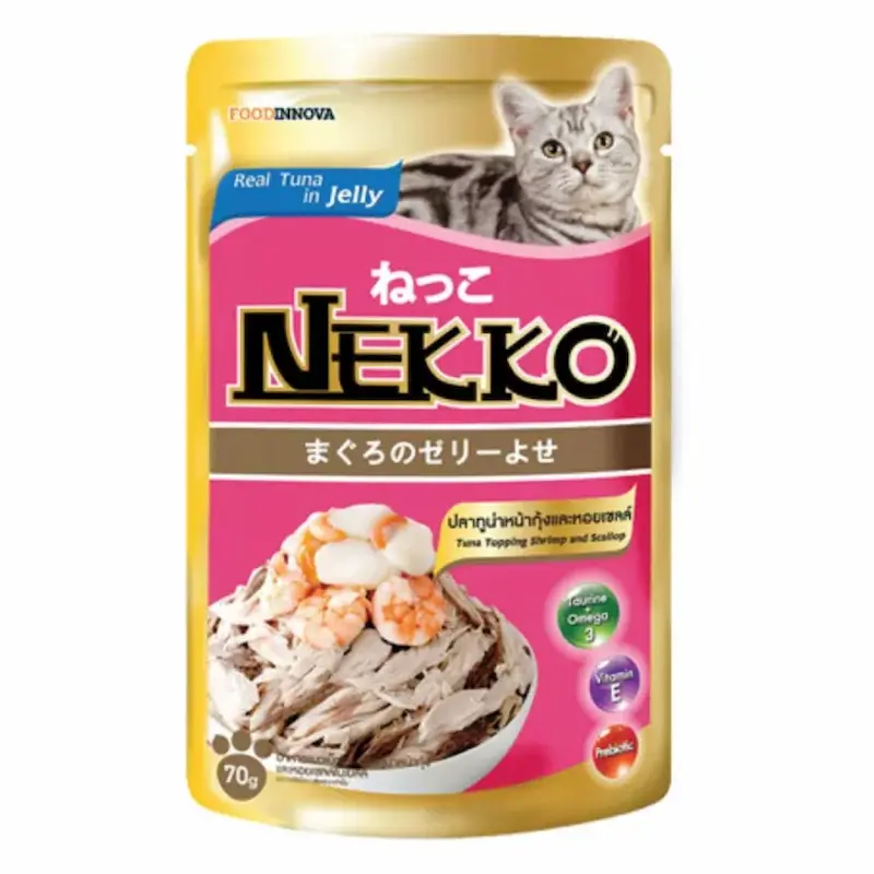 Pate cho mèo Nekko vị cá ngừ rắc tôm và sò diệp 70g